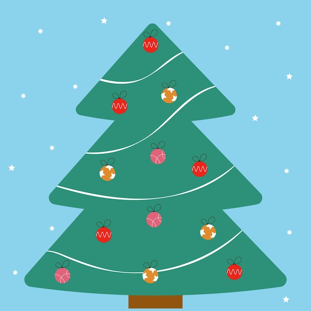 Weihnachtskarte mit schickem weihnachtsbaum auf blauem hintergrund mit schneeflocken für einen postkartenanhänger