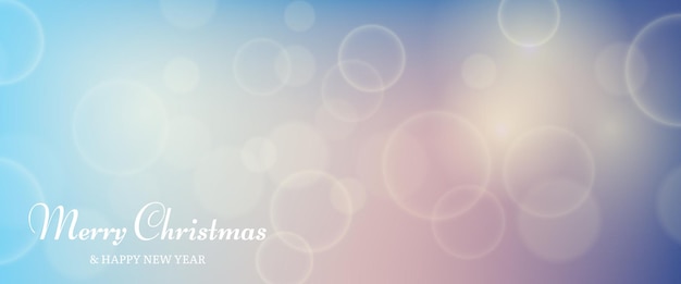 Weihnachtskarte mit verschwommenem Bokeh-Lichteffekt-Hintergrund mit kreisförmigen verschwommenen Lichtern und der Aufschrift „Frohe Weihnachten und ein glückliches neues Jahr“. Vektorillustration