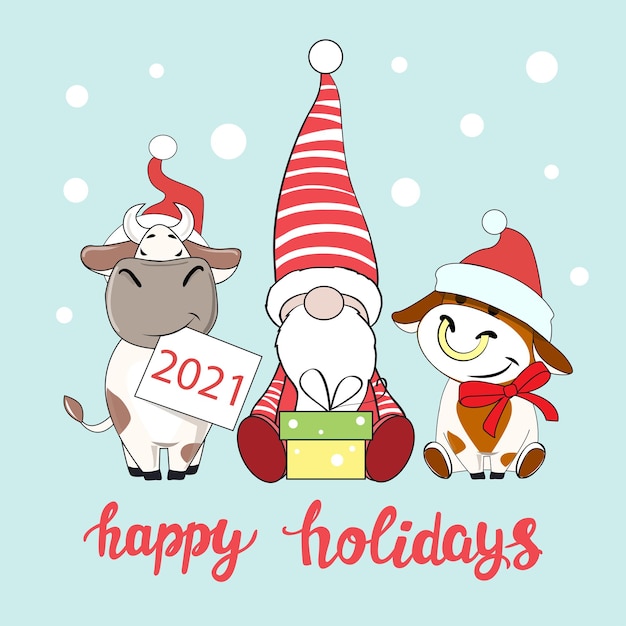 Weihnachtskarte mit Weihnachtsmann und Kuhsymbol 2021 Happy Holidays Schriftzug