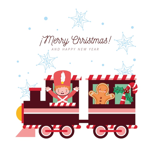 Vektor weihnachtskarte mit zug und zinnsoldat mit lebkuchen und schneeflocken