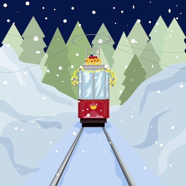 Vektor weihnachtskarte straßenbahn im schneefall magische zeit