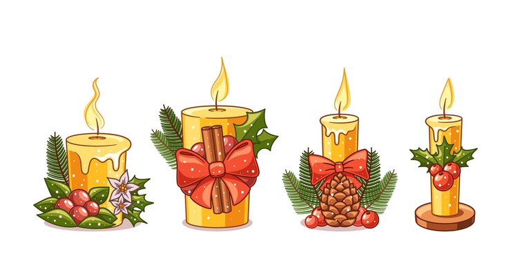 Vektor weihnachtskerzen, geschmückt mit bogen, holly und kiefernkugeln, die eine warme festliche atmosphäre verleihen