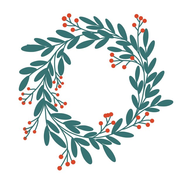 Weihnachtskranz Dekor für Neujahr Weihnachten und Urlaub Kranz mit Beeren der Stechpalme Mistel Kiefer und Tannenzweige Zapfen Vogelbeeren Hand gezeichnete Illustration auf dem weißen Hintergrund isoliert