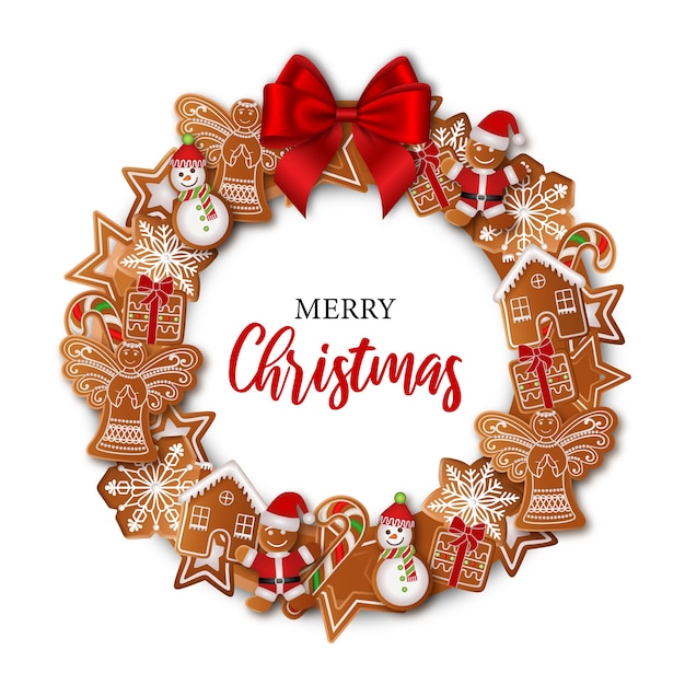 Weihnachtskranz mit Lebkuchen und roter Schleife
