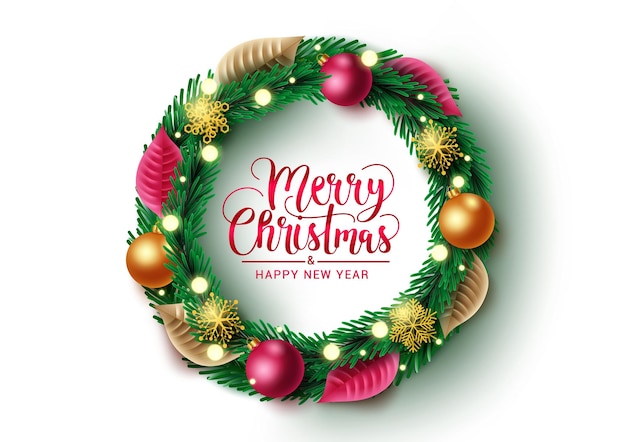 Weihnachtskranz-Vektordesign. Grußtext der frohen Weihnachten im Kranzelement mit Kugeln.