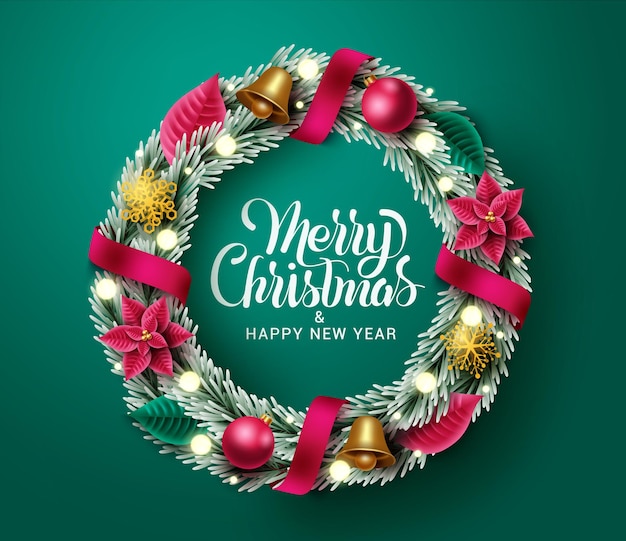 Weihnachtskranz-Vektordesign. Text der frohen Weihnachten und des guten Rutsch ins Neue Jahr mit Dekorationselementen.