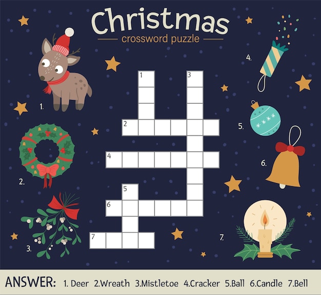 Weihnachtskreuzworträtsel. helles und farbenfrohes winterquiz für kinder. pädagogische neujahrsaktivität mit hirsch, kranz, mistel, kugel, kerze, glocke, cracker.