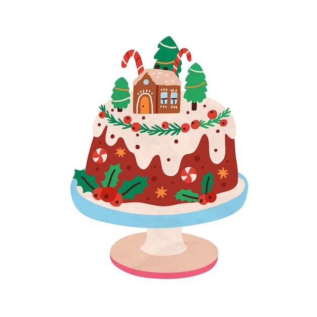 Weihnachtskuchen mit festlicher dekoration. gebackenes schwammdessert mit weihnachtsstange, lebkuchenhaus, tannen, beeren. winterurlaubstorte. neujahrsessen. flache vektorillustration lokalisiert auf weißem hintergrund