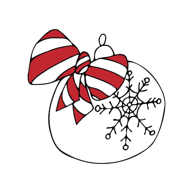 Weihnachtskugel mit schneeflocke und schleife. weihnachtsbaumkugel handgezeichnet im doodle-stil isoliert.