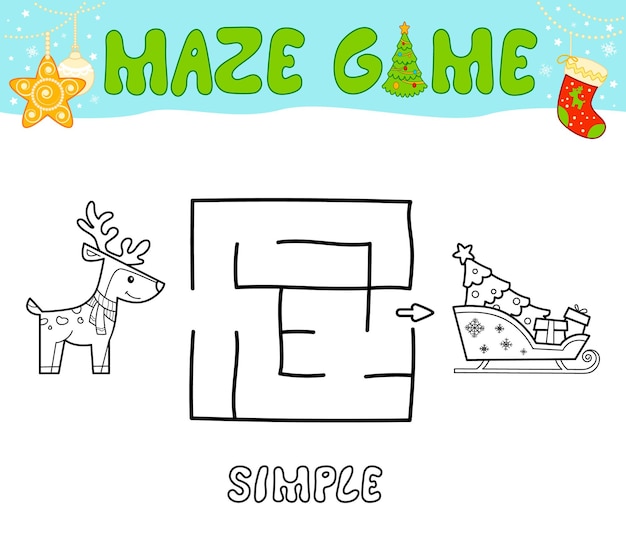 Weihnachtslabyrinth-puzzle-spiel für kinder. einfaches umriss-labyrinth- oder labyrinthspiel mit weihnachtsschlitten und rentieren.