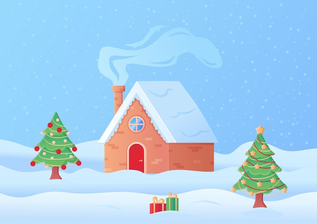 Weihnachtslandschaft gemütliches haus im schnee mit geräuchertem schornstein im cartoon-stil