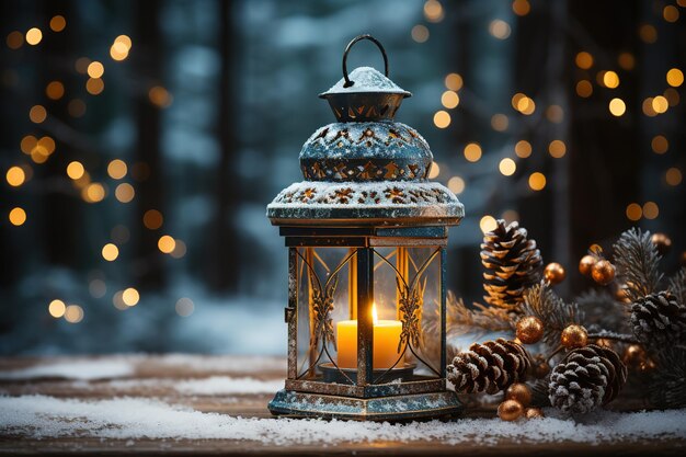 Vektor weihnachtslaternen und tannenzweige im schneebedeckten garten winternatur hintergrund