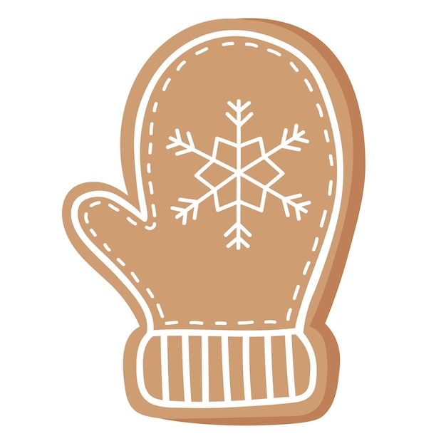 Weihnachtslebkuchenplätzchen in form eines handschuhs mit schneeflocke, flacher stil.