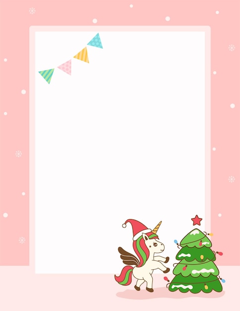 Vektor weihnachtsleerkarte mit einhorn und weihnachtsbaum auf rosa hintergrund