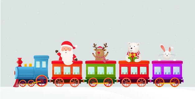 Weihnachtslokomotive mit weihnachtsmann, rentier, eisbären und hasen auf schneebedecktem hintergrund