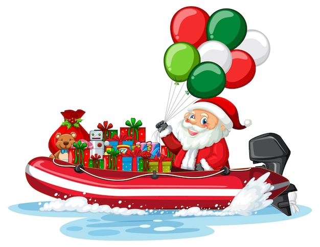 Weihnachtsmann auf dem boot mit seinen geschenken