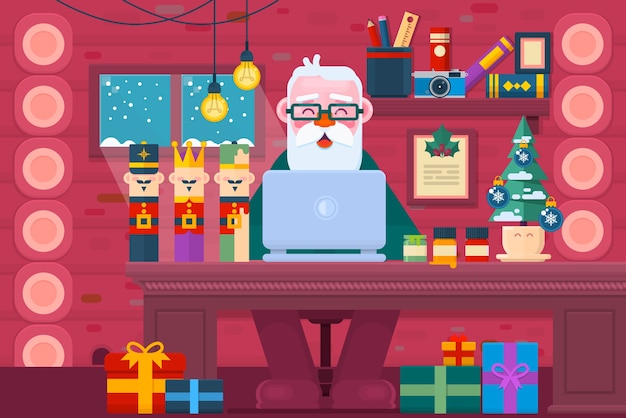 Weihnachtsmann, der einen laptop verwendet. gruß-karten-design. arbeitsplatz innenraum. flache vektor-illustration