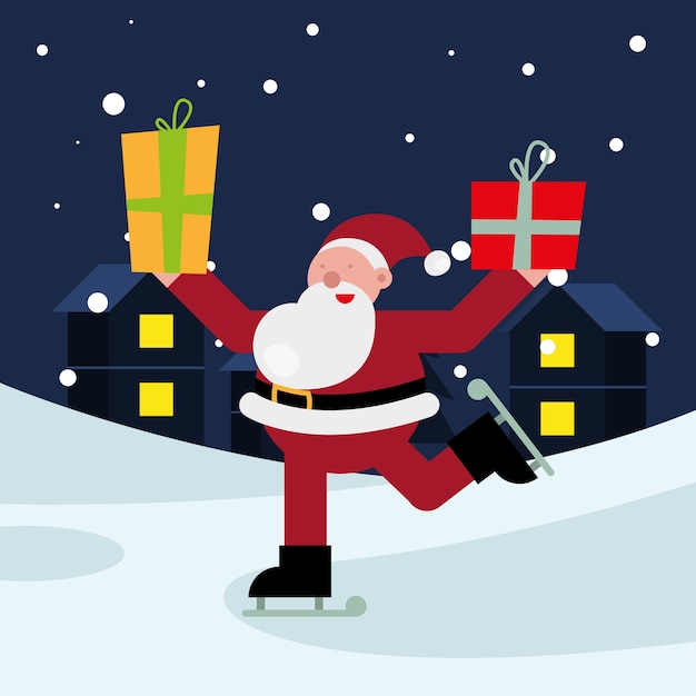Vektor weihnachtsmann, der geschenke in den vektorillustrationsentwürfen der skates-weihnachtsfigur hebt