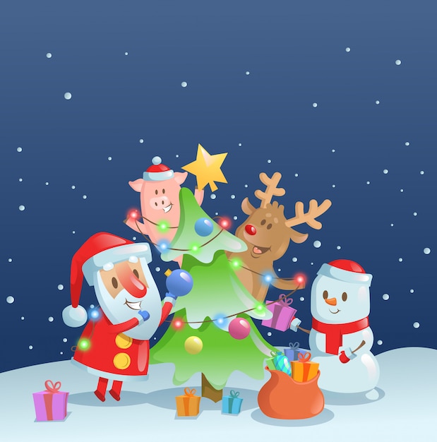 Weihnachtsmann, der neujahrsbaum mit seinen freunden verziert. web-banner, werbung, karte, druck. bunte illustration.
