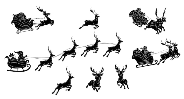 Weihnachtsmann fliegt auf einem Schlitten mit Rentieren schwarze Silhouette Vektor