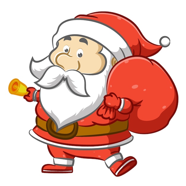 Weihnachtsmann hält einen großen sack geschenk und hält eine kleine glocke