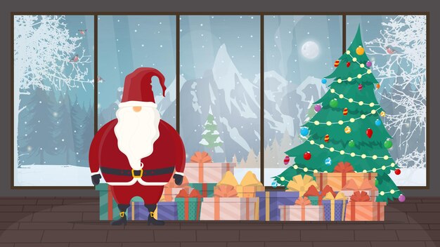 Weihnachtsmann im Zimmer. Ein Berg voller Geschenke, ein Weihnachtsbaum, ein Partyraum, ein alter Mann mit weißem Bart in roter Kleidung. Vektor.