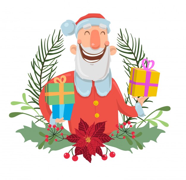 Weihnachtsmann in einem weihnachtskranz. illustration, auf weißem hintergrund. der weihnachtsmann bringt geschenke in bunten schachteln.