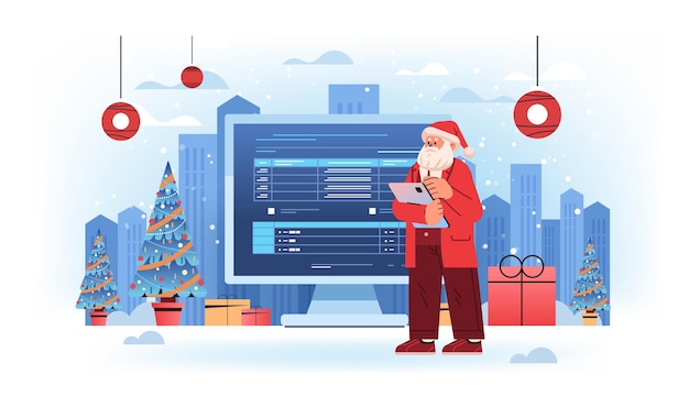 Weihnachtsmann in rotem kostüm analysiert finanzdaten auf diagrammen planungsbericht marktanalyse buchhaltung frohes neues jahr frohe weihnachten