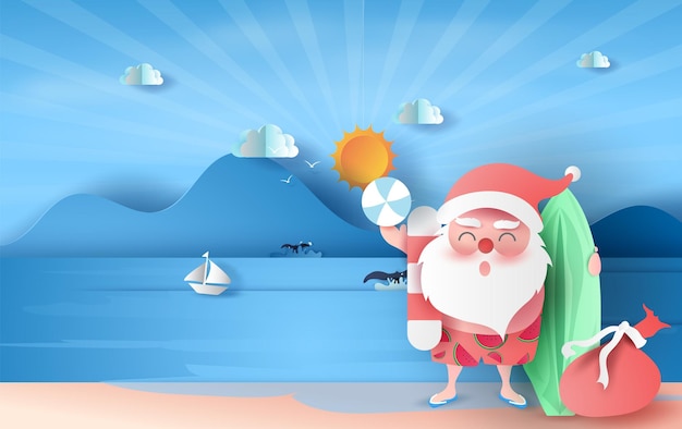 Weihnachtsmann lächelt im Strandanzug auf Meerblick, Sonnenlicht, blauer Himmel.Sommer-Weihnachtszeit-Saisonkonzept.Reiseboot, das im Ozean schwimmt.Grafik-Küstenlandschaft, Origami-Papierhandwerk und geschnittene Idee.Vektor