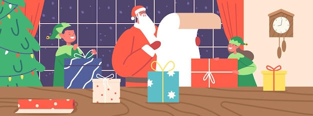 Weihnachtsmann liest geschenkliste mit elfen im büroraum bereiten geschenke für kinder für weihnachten und neujahr vor