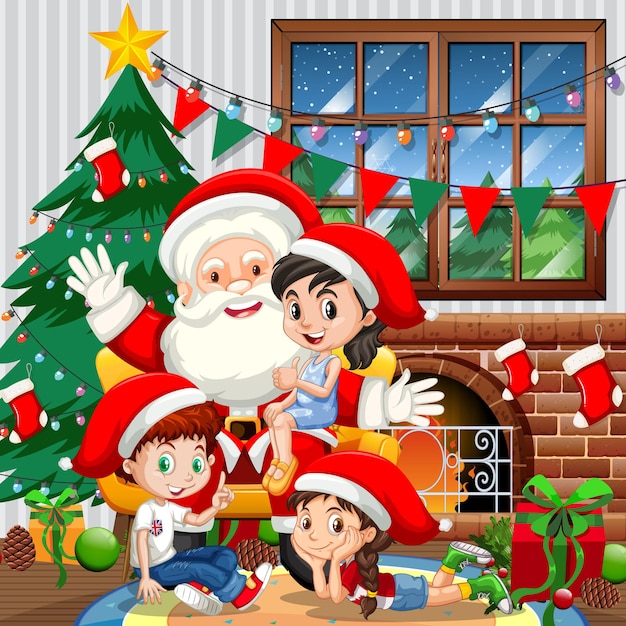 Weihnachtsmann mit vielen kindern in der zimmerszene