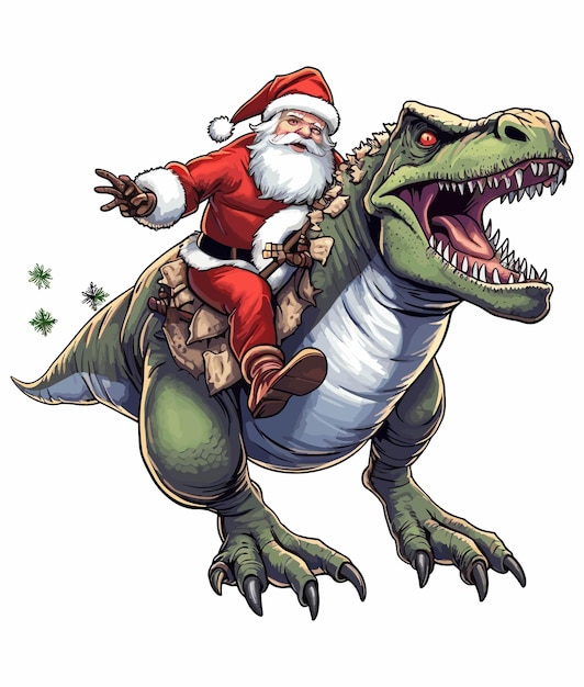 Weihnachtsmann reitet auf einem rex-dinosaurier illustration auf weißem hintergrund