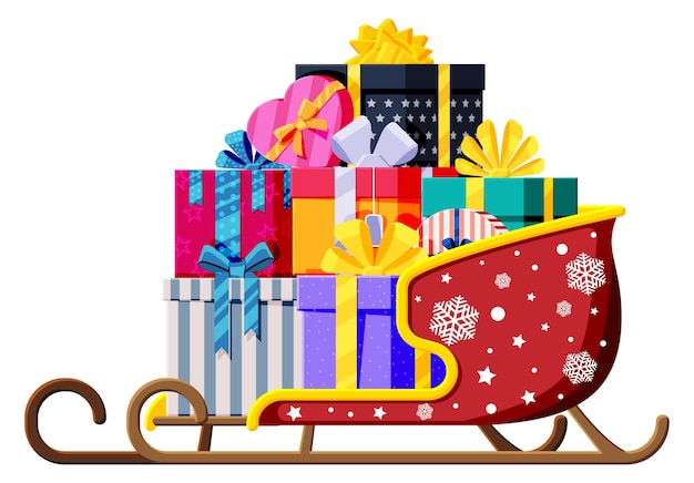Vektor weihnachtsmann-schlitten mit geschenkboxen mit schleifen. weihnachtsgeschenke im schlitten. frohes neues jahr dekoration. frohe weihnachtsfeiertage. neujahrs- und weihnachtsfeier. flache vektorillustration