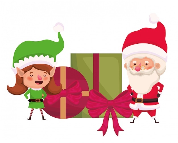 Weihnachtsmann und elf frau mit geschenkboxen