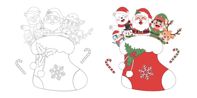 Vektor weihnachtsmann und niedliche weihnachtenfiguren mit weihnachtssocke weihnachte-themenlinie kunst doodle cartoon illustration malbuch für kinder frohe weihnachter