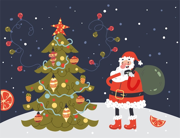 Weihnachtsmann und weihnachtsbaum Neujahrs-Postkarten-Ferienkonzept