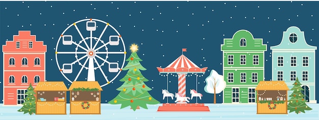 Vektor weihnachtsmarkt-banner winterstadtnacht mit gebäuden kiosken riesenrad merrygoround tannen