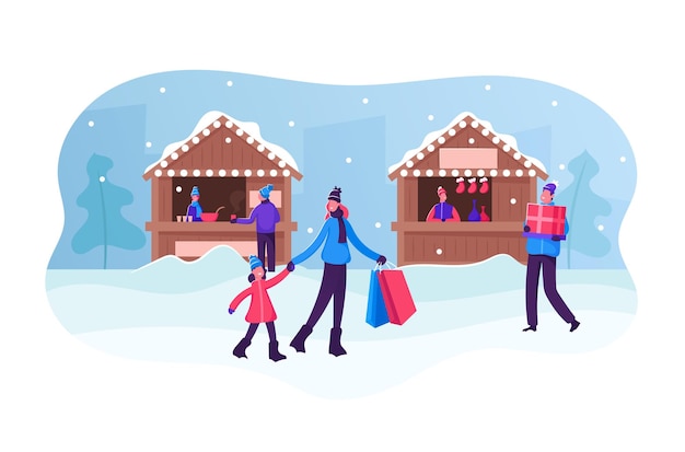 Weihnachtsmarkt oder Wintermesse im Freien. Menschen gehen und kaufen Geschenke und heiße Getränke in Ständen und Kiosken. Karikatur flache Illustration