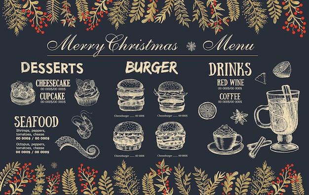 Weihnachtsmenü Café. Lebensmittel-Flyer. Speisekarte. Vorlagendesign.
