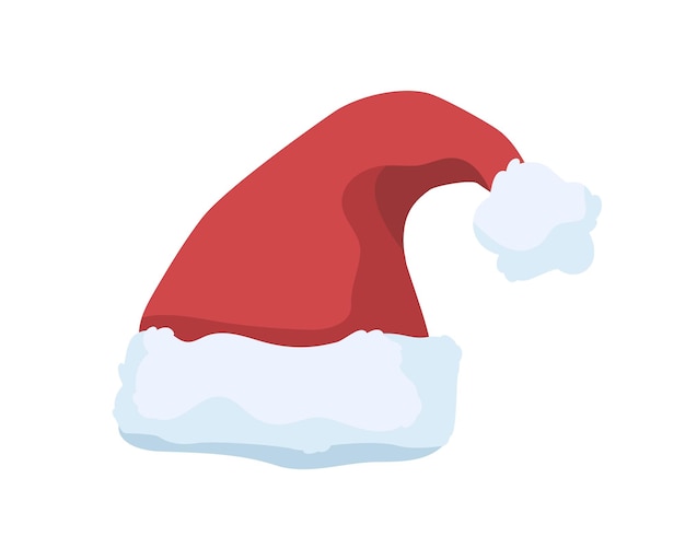 Weihnachtsmütze-Vektor-Illustration. Festliches Weihnachtsmann-Kostümelement. Roter Plüschhut mit Pompon oben lokalisiert auf weißem Hintergrund. Weihnachtsfeier-Kopfschmuck mit flauschigem Fell.