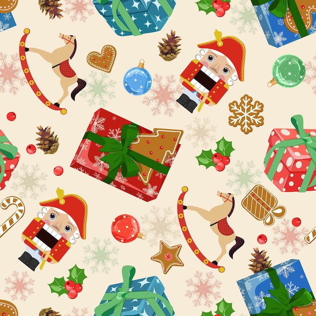 Weihnachtsmuster mit Nussknackern, Geschenke, Neujahrs-Spielzeug