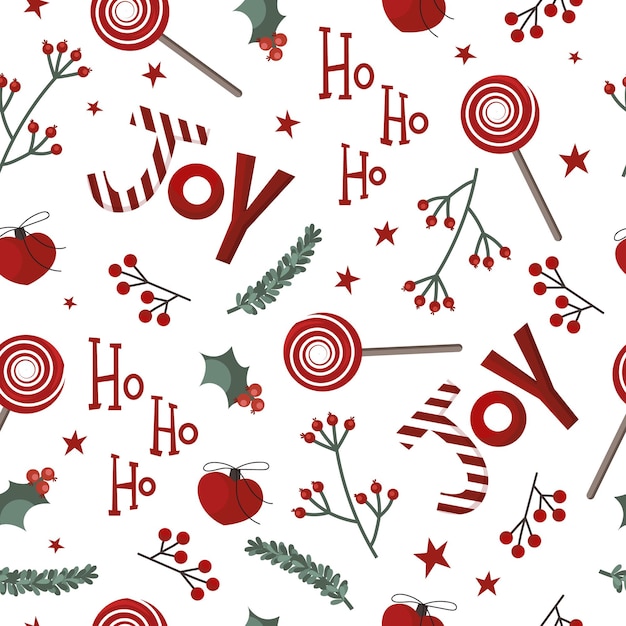 Vektor weihnachtsmuster mit süßigkeiten stechpalme und schriftzug auf weißem hintergrund im handgezeichneten stil