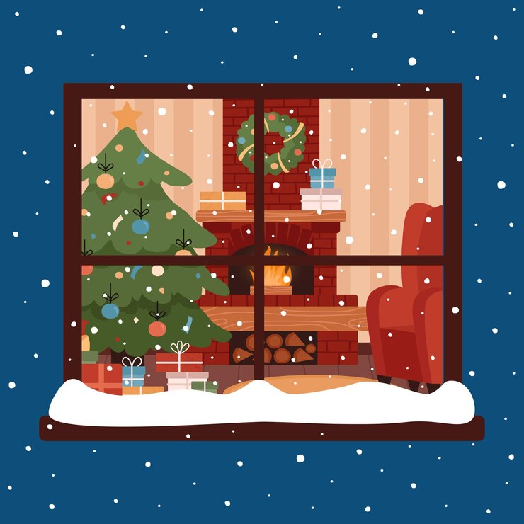 Vektor weihnachtsnacht schneefall ein winterfenster kamin ein weihnachtsbaum geschenke ein roter sessel