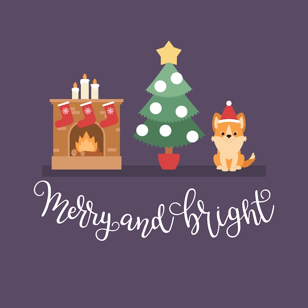 Vektor weihnachtsnachtszene: weihnachtsbaum, kamin mit strümpfen und waliser-corgi-welpen