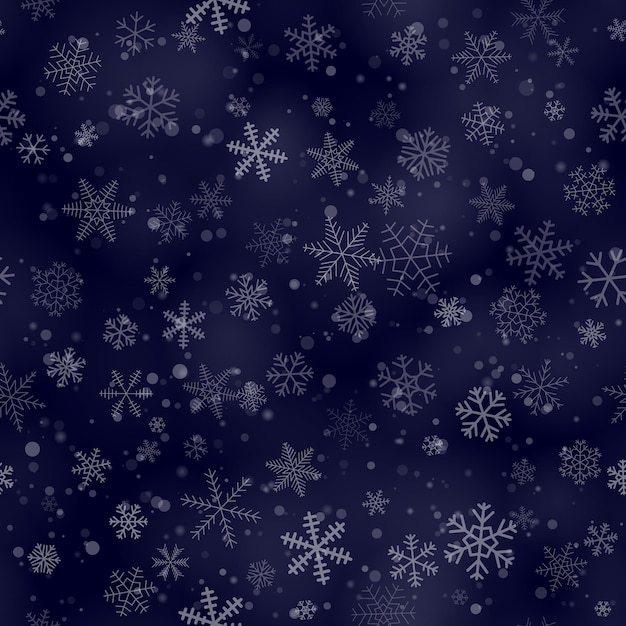 Weihnachtsnahtloses Muster von Schneeflocken in verschiedenen Formen, Größen und Transparenz auf dunkelblauem Hintergrund