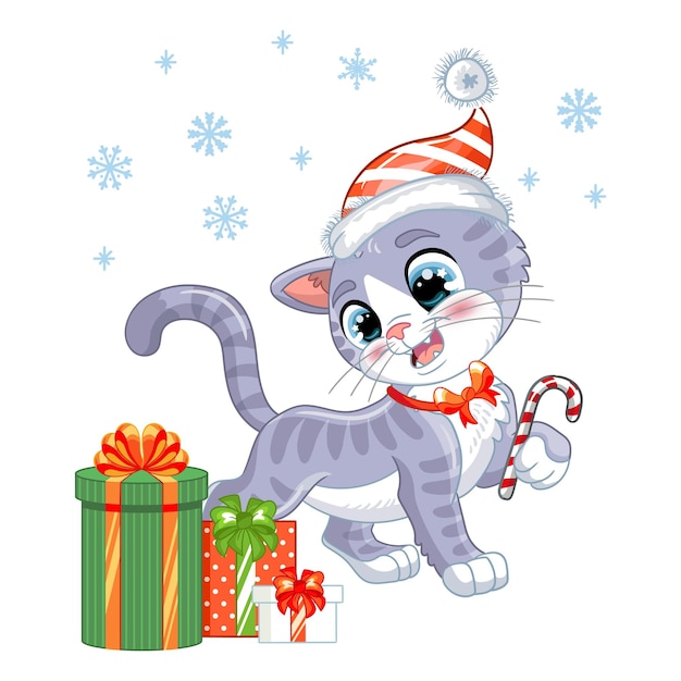 Weihnachtsniedliches graues kätzchen mit geschenkvektorillustration