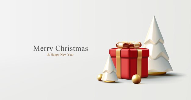 Weihnachtspostkarte mit 3d-illustration des weihnachtsbaums und großer roter geschenkbox und goldenen kugeln 3d-darstellung minimalistische illustration isoliert