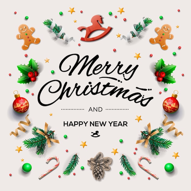 Weihnachtspostkarte mit kalligraphischen jahreszeitwünschen und zusammensetzung der festlichen elemente wie kekse, süßigkeiten, beeren, weihnachtsbaumschmuck
