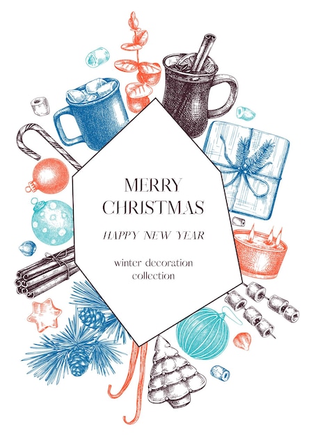 Weihnachtsquadrat-kranzdesign handskizzierter feiertagselementhintergrund