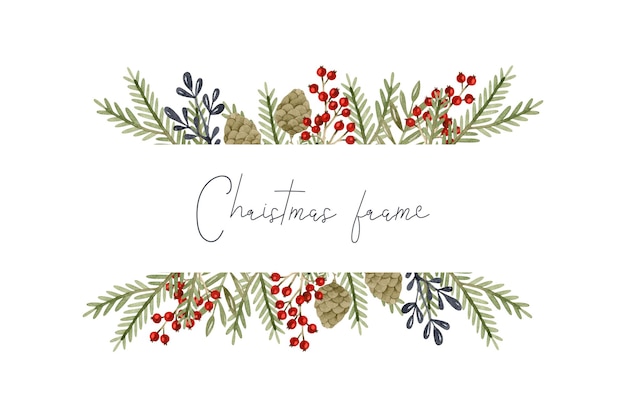 Weihnachtsrahmen Aquarell Tannenzweige mit Beeren